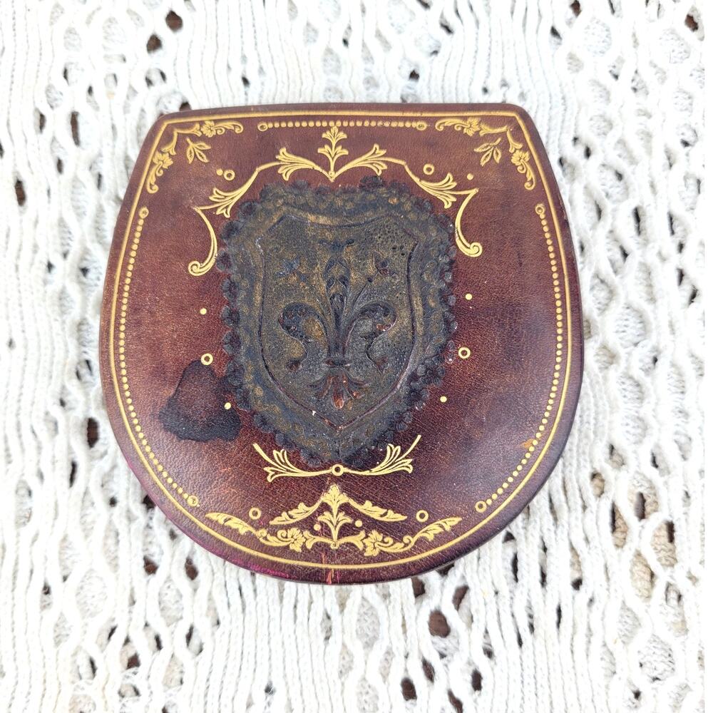 Vintage 1940's Tooled Leather Makeup Mirror Compact Brown Made in Florence Italy